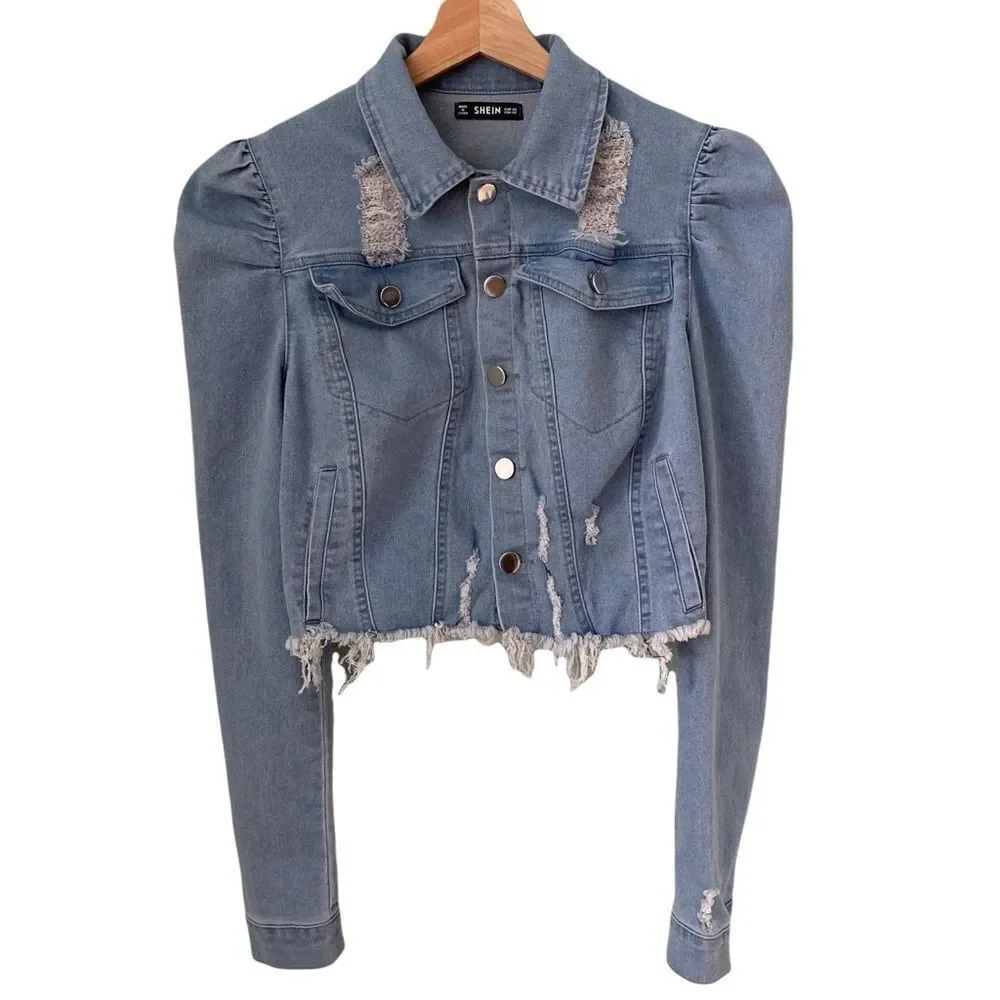 Shein Front Button Raw Hem Crop Denim Jacket in Size XS - Picture 9 of 11